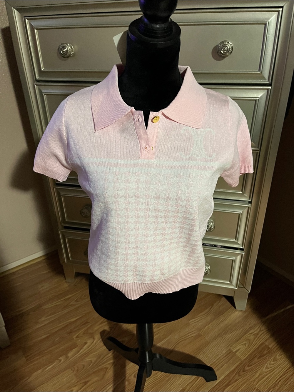Celine Light Pink Knit Polo Shirt with Subtle Houndstooth